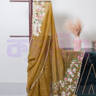 Copper/Boiled Olive Embroidered and Karchupi Pure Muslin Saree - Komoniyo