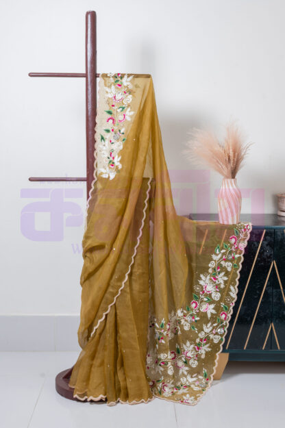 Copper/Boiled Olive Embroidered and Karchupi Pure Muslin Saree - Komoniyo