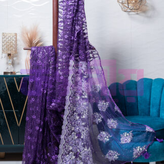 Deep Purple Embroidered and Sequence Pearl Soft Net Saree - Komoniyo