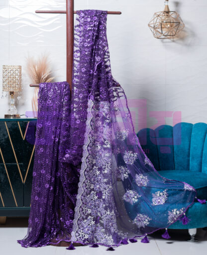 Deep Purple Embroidered and Sequence Pearl Soft Net Saree - Komoniyo