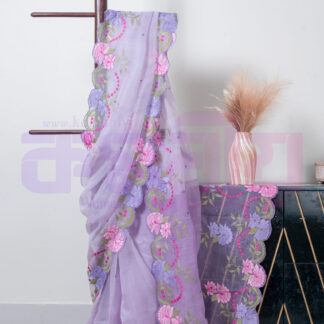 Lavender Embroidered Pure Muslin Saree - Komoniyo