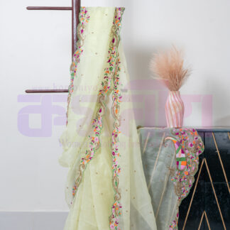 Light Lemon Embroidered and Zardosi Pure Muslin Saree - Komoniyo