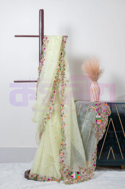 Light Lemon Embroidered and Zardosi Pure Muslin Saree - Komoniyo