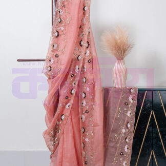 Onion Heavy Zardosi and Karchupi Pure Muslin Saree - Komoniyo