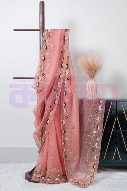 Onion Heavy Zardosi and Karchupi Pure Muslin Saree - Komoniyo