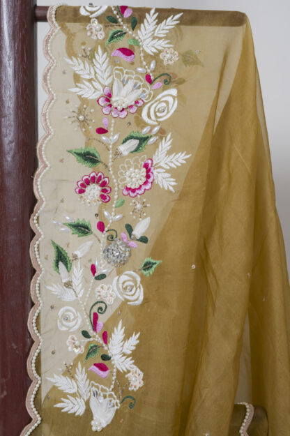 Copper/Boiled Olive Embroidered and Karchupi Pure Muslin Saree - Komoniyo