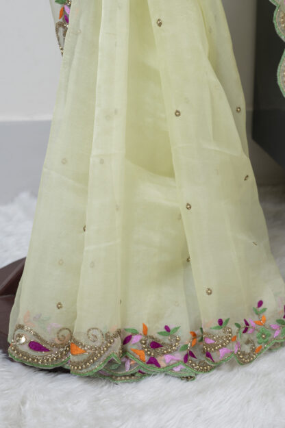 Light Lemon Embroidered and Zardosi Pure Muslin Saree - Komoniyo