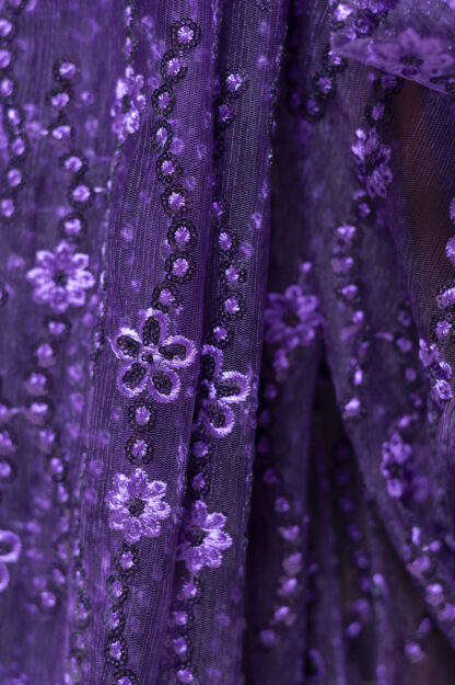 Deep Purple Embroidered and Sequence Pearl Soft Net Saree - Komoniyo