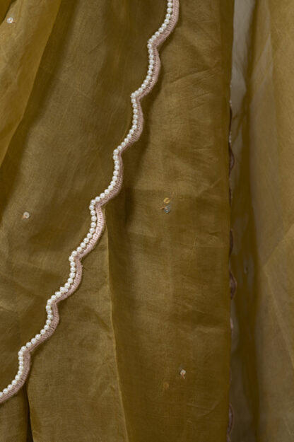 Copper/Boiled Olive Embroidered and Karchupi Pure Muslin Saree - Komoniyo