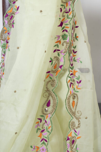 Light Lemon Embroidered and Zardosi Pure Muslin Saree - Komoniyo