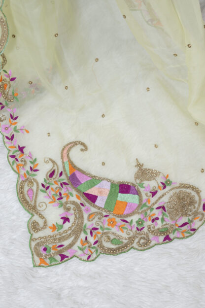 Light Lemon Embroidered and Zardosi Pure Muslin Saree - Komoniyo