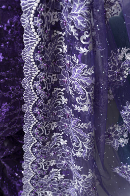 Deep Purple Embroidered and Sequence Pearl Soft Net Saree - Komoniyo