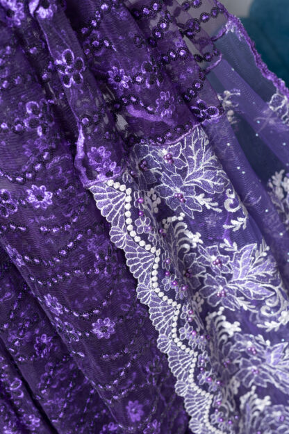 Deep Purple Embroidered and Sequence Pearl Soft Net Saree - Komoniyo